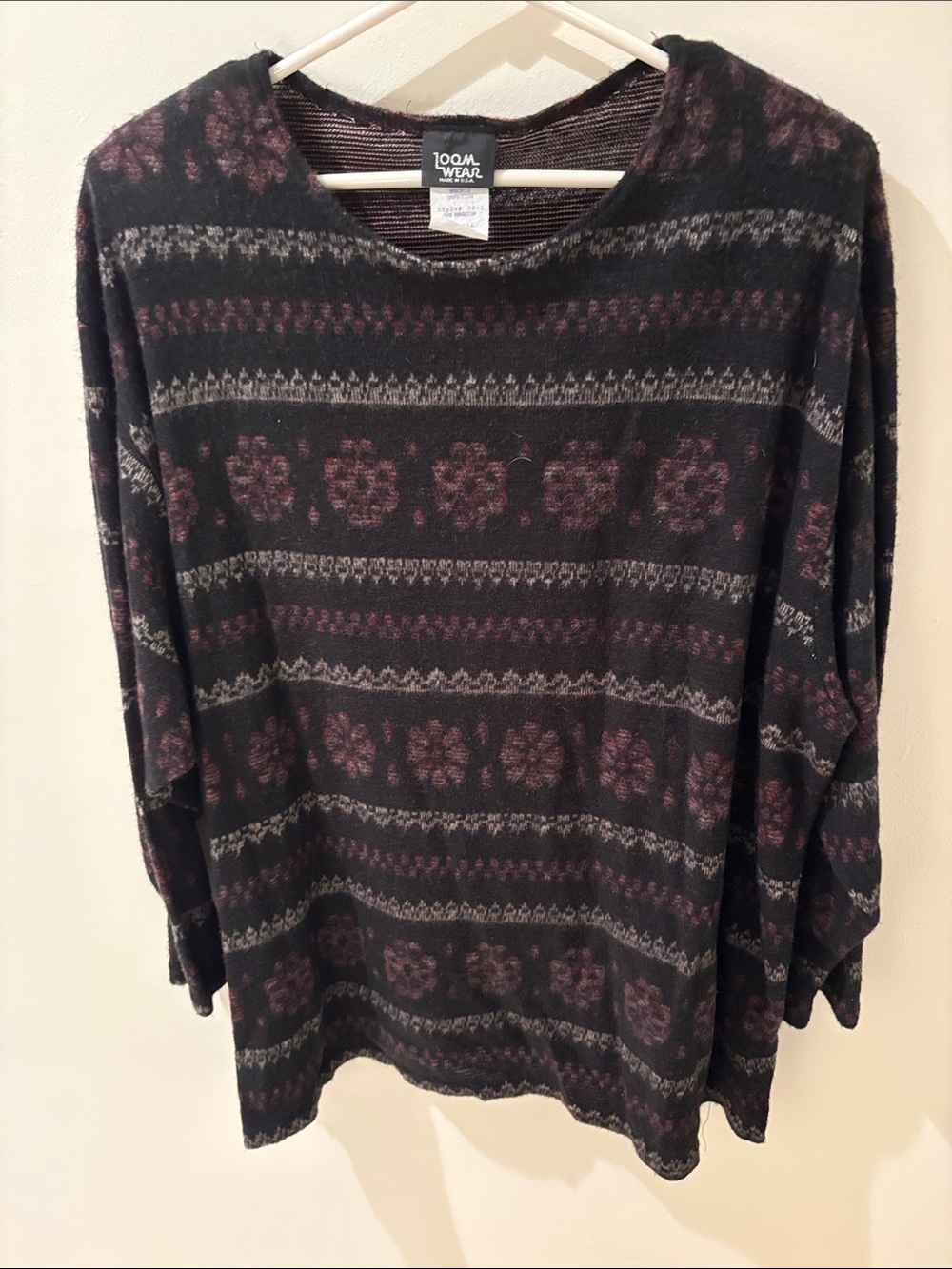 Joan Vass Black & Plum Fair Isle Crewneck Sweater